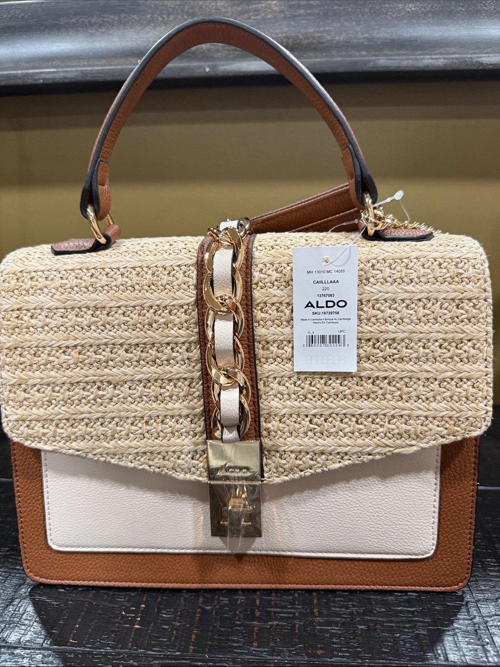 ALDO Tan, Cream & Straw Woven Top-Handle Satchel with Cardholder - Picture 2 of 8